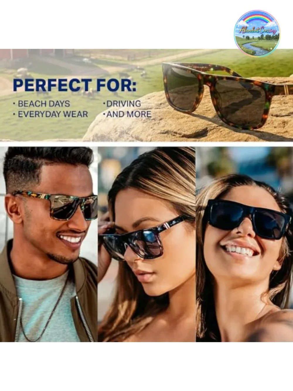 Polarized Sunglasses - Square Acetate Frame - 100% UV Protection - Medium-Large